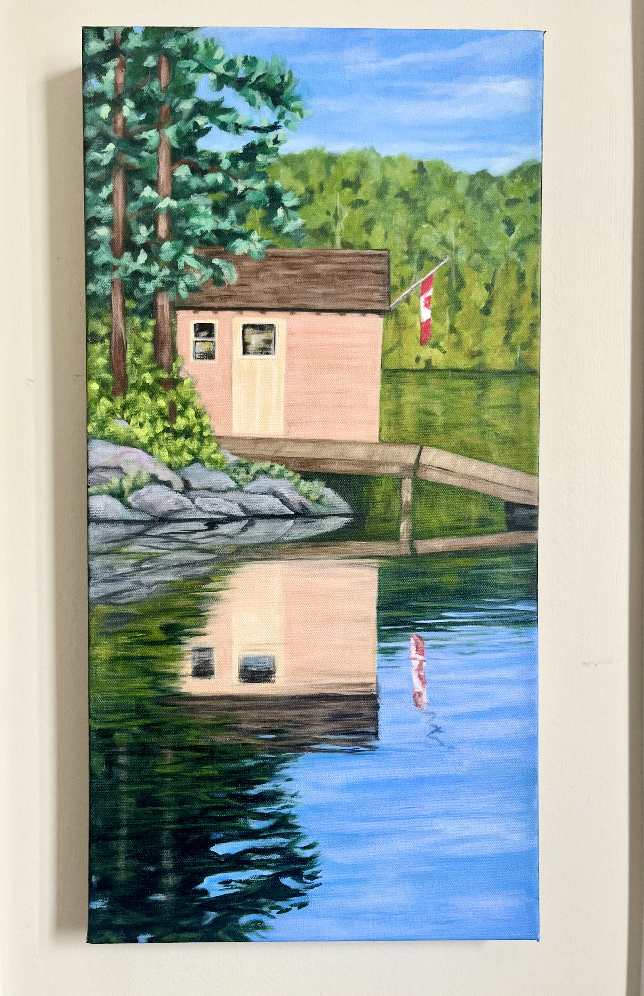 Lakeside Cabin Painting With Reflection