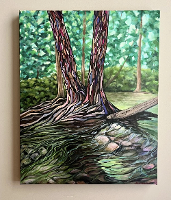 Deep Roots — Abstract tree trunks beside a flowing stream